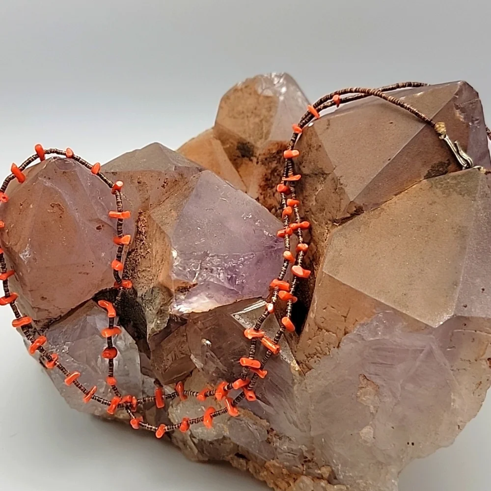 Navajo Branch Coral Heishi Beaded Sterling Silver Closure Single Strand Necklace